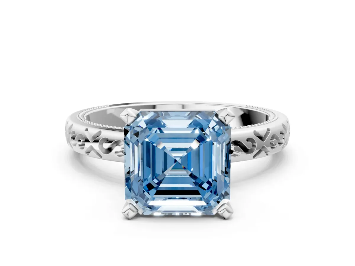 Fancy Blue Asscher Cut Solitaire Engagement Ring with Scrollwork Band and Four-Prong Setting Platinum