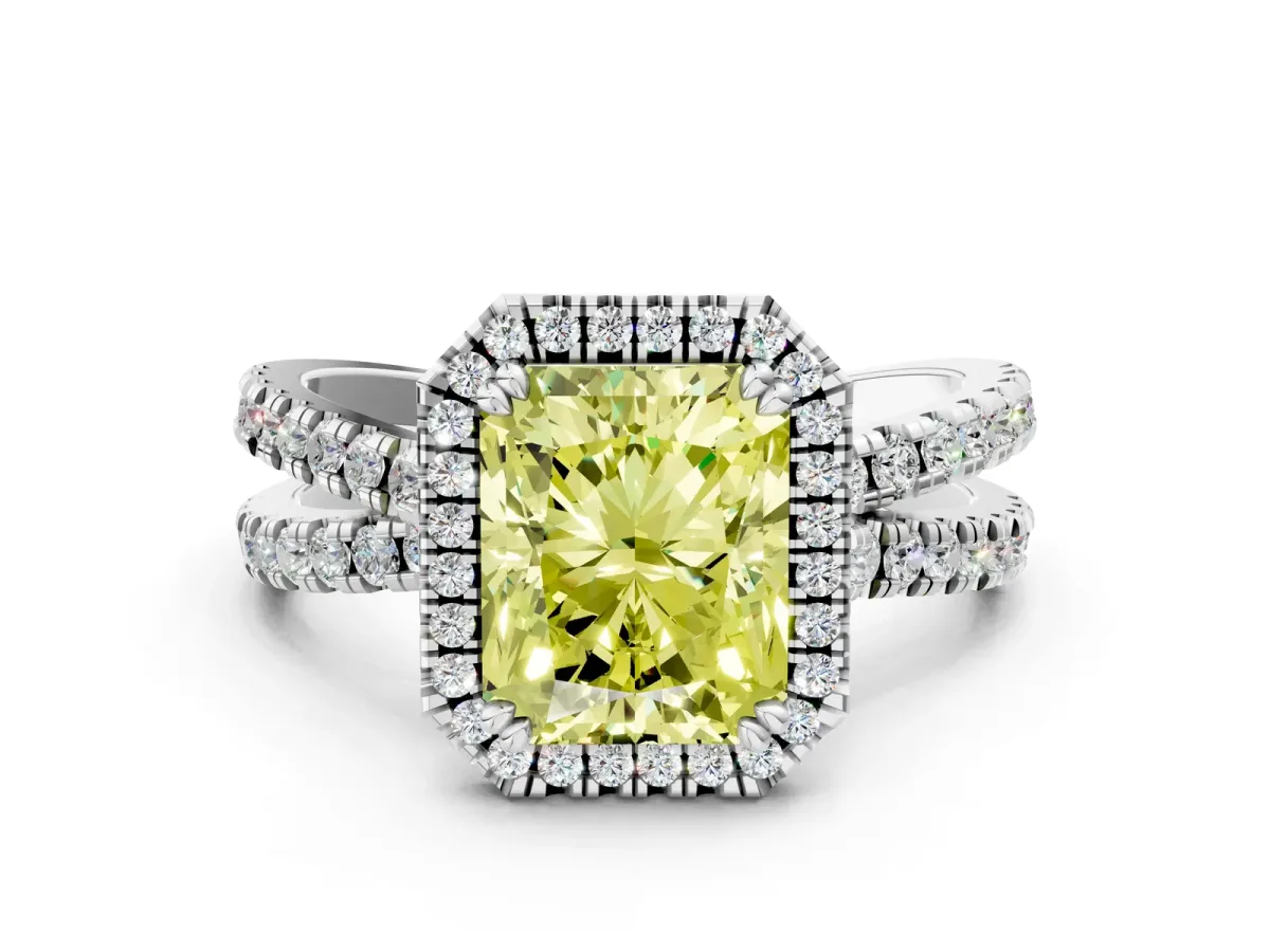 Fancy Yellow Radiant Cut Halo Split Shank Diamond Ring with Pavé Setting Platinum
