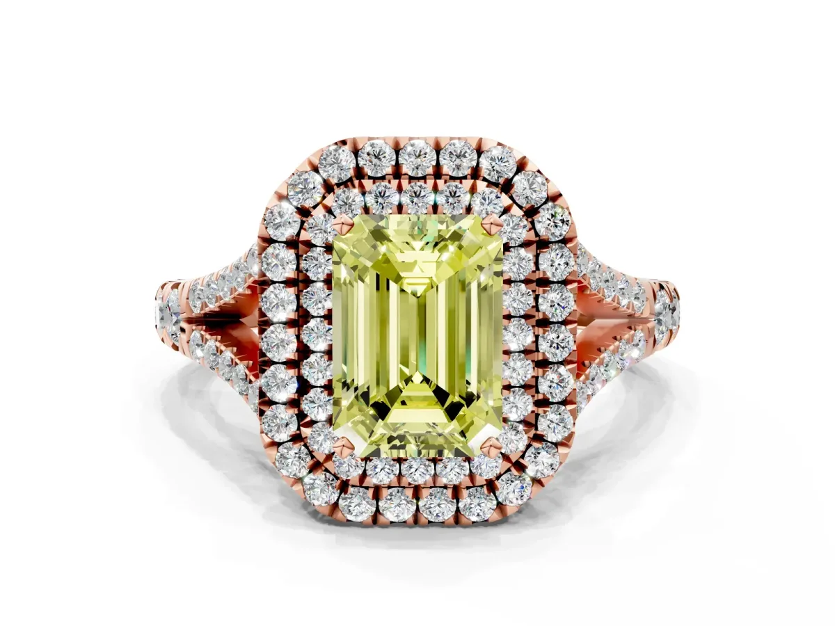 Fancy Yellow Emerald Cut Diamond Double Halo Ring with Split Shank and Prong Setting Rose gold