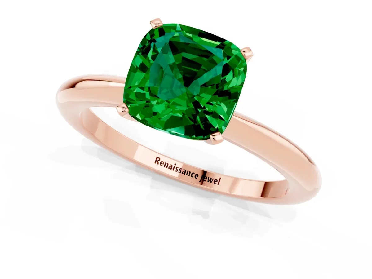 Cushion Cut Emerald Solitaire Ring with Six-Prong Setting and Classic Band Rose gold