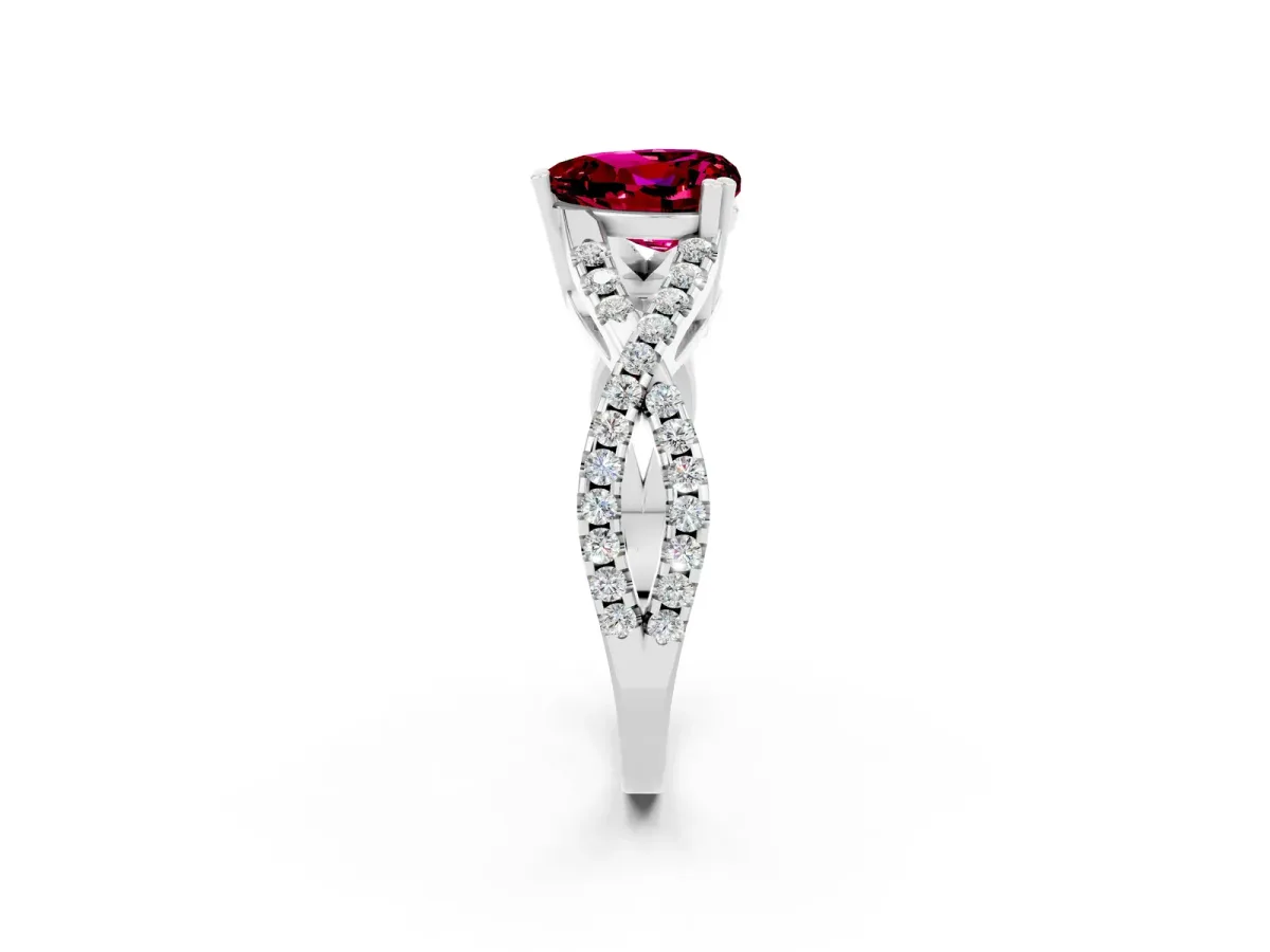 Heart Cut Garnet Solitaire Ring with Four-Prong Setting and Twisted Pavé Band Silver