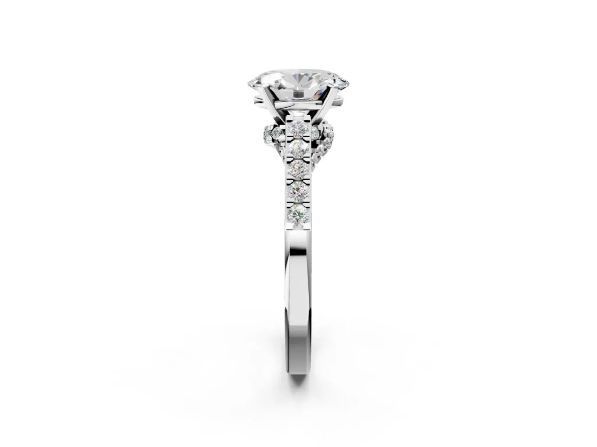 Oval Cut Diamond Solitaire Ring with Crossover Gallery and Round Pavé Band Silver