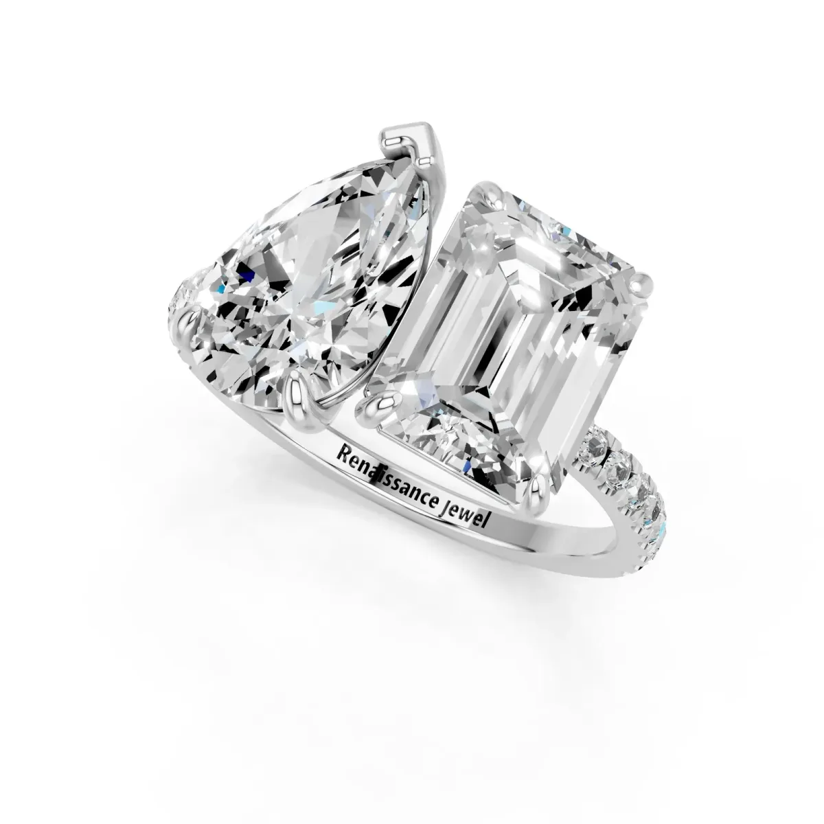 Pear and Radiant Toi Moi Ring with Prong Setting and Micro Pave Band Silver