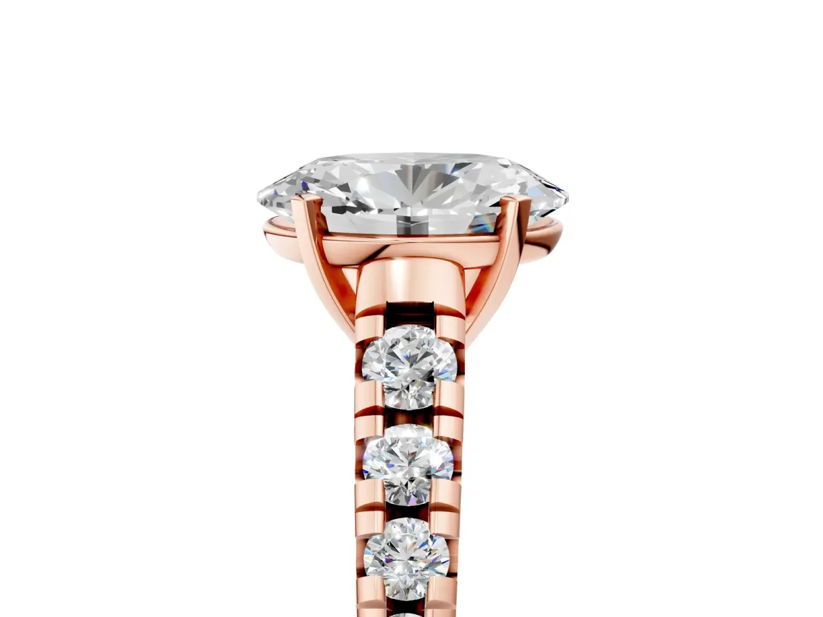 Oval Cut Diamond Cathedral Solitaire Ring with Round Pavé Band Rose gold