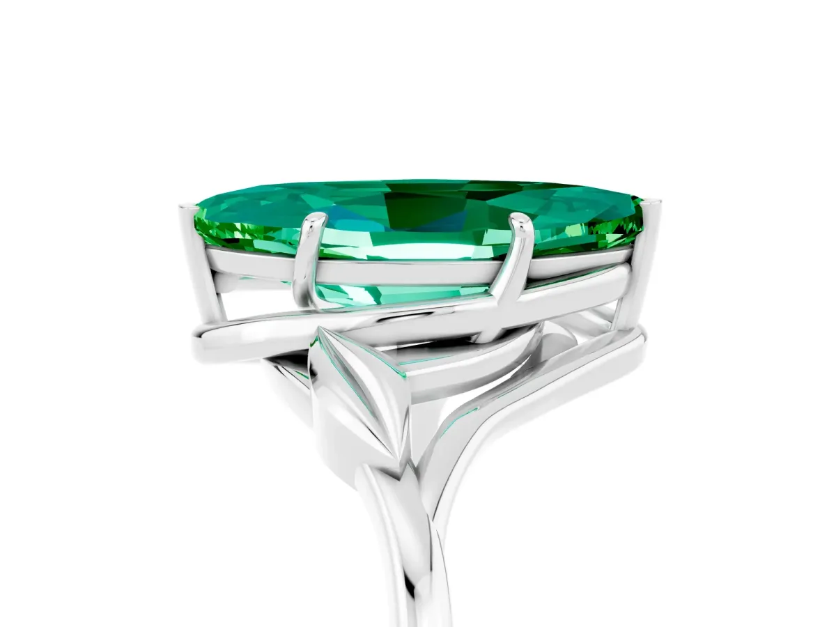 Marquise Cut Emerald Solitaire Ring with Twist Band and Four-Prong Setting Platinum