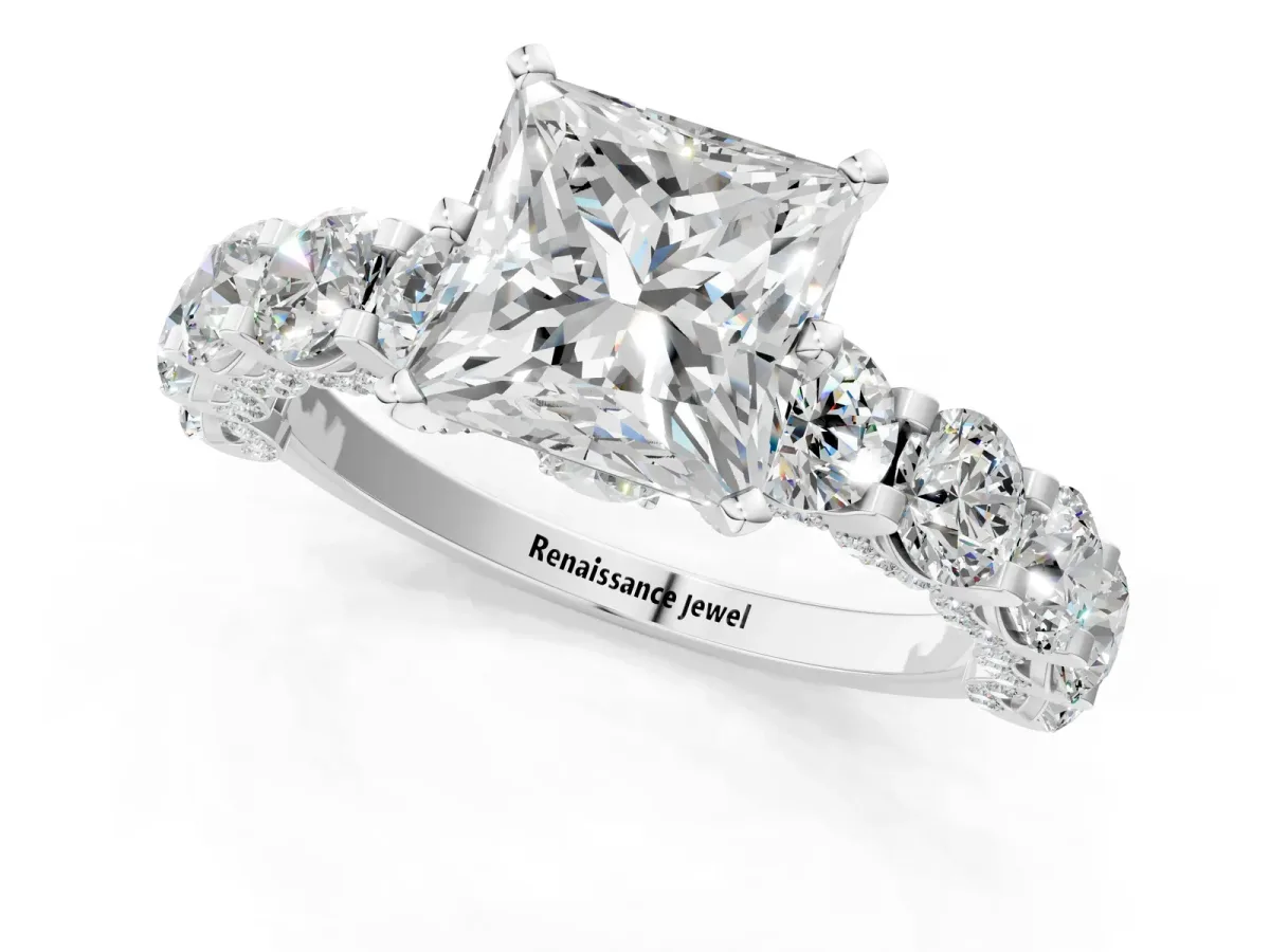 Princess Cut Diamond Side Stone Engagement Ring with Four-Prong Setting White gold