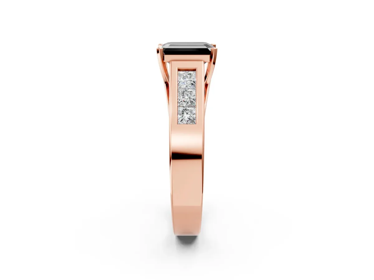 Fancy Black Emerald Cut Cut Channel Set Solitaire Ring with Four-Prong Setting Rose gold