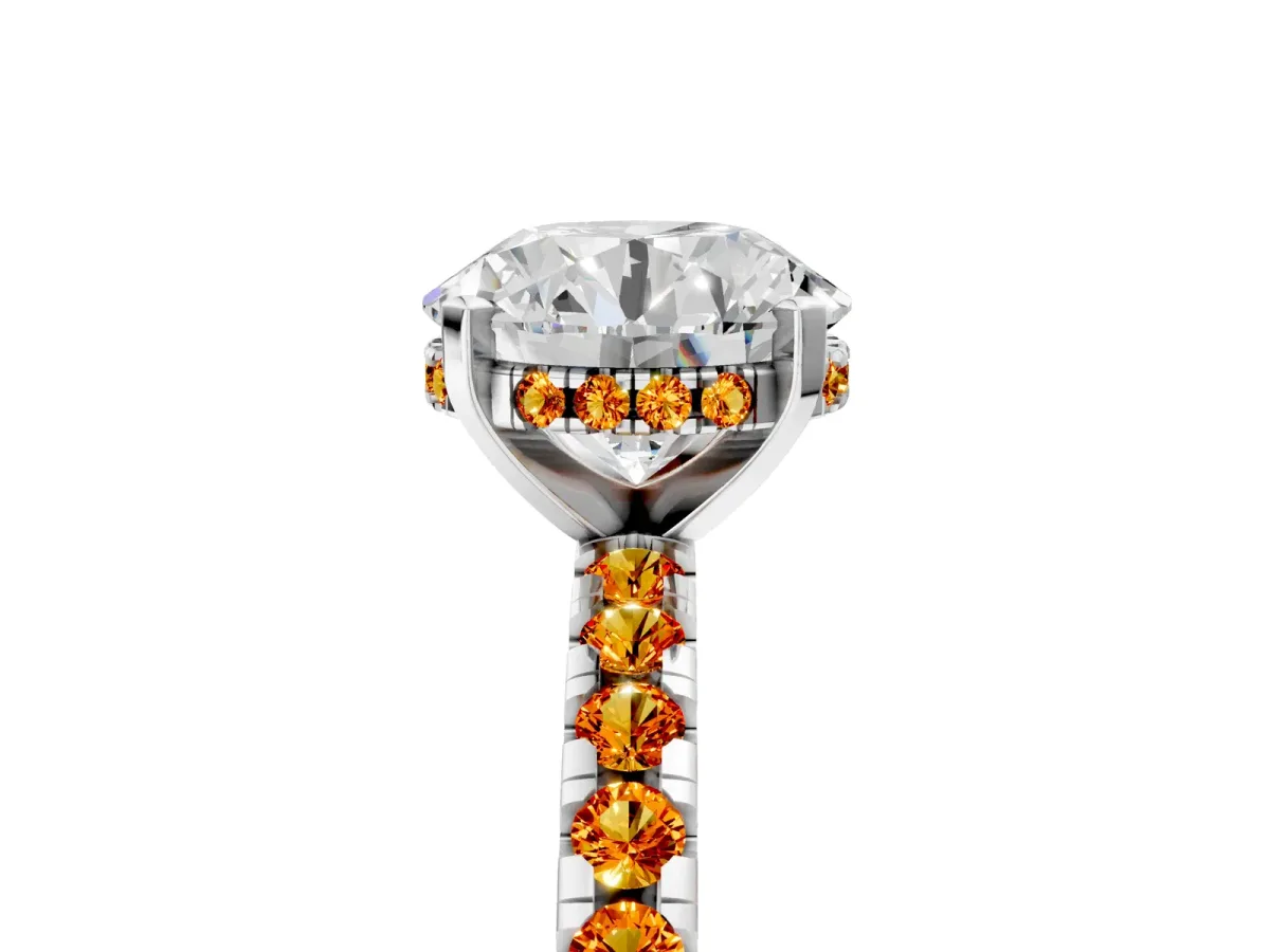 Round Cut Diamond Solitaire Ring with Round Citrine Pavé Band and Four-Prong Setting Silver