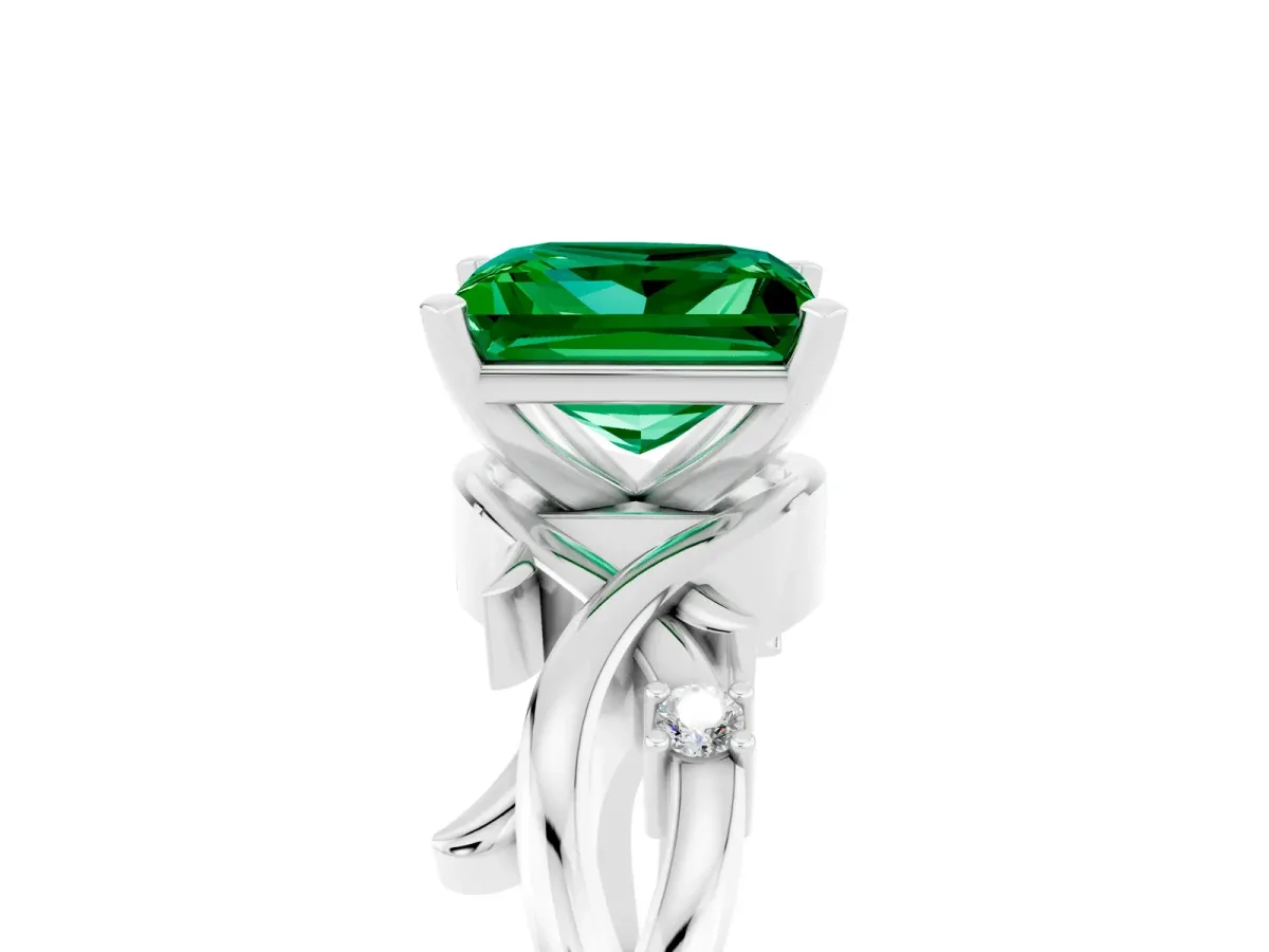 Princess Cut Emerald Solitaire Ring with Twisted Band and Prong Setting Silver