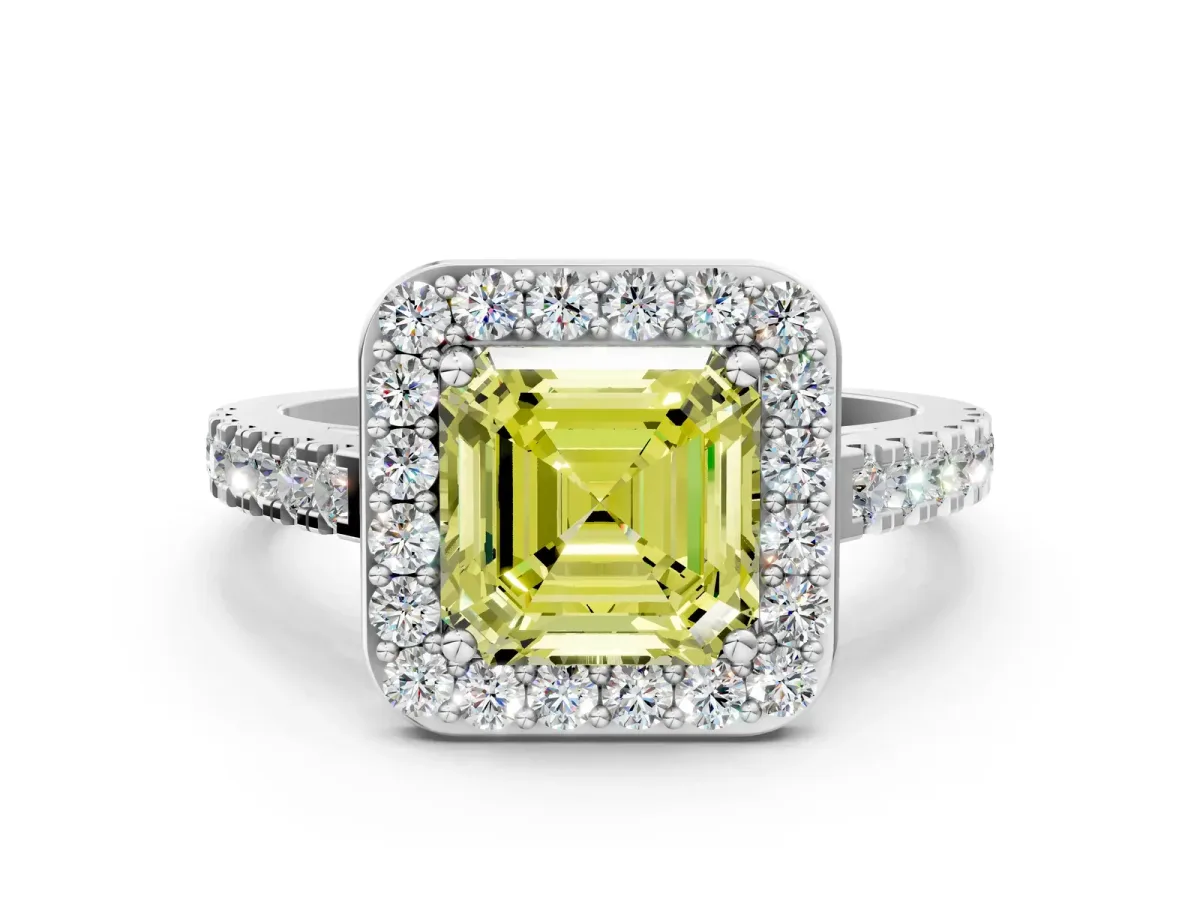 Fancy Yellow Asscher Cut Diamond Halo Ring with Round Pavé Split Shank and Prong Setting Platinum