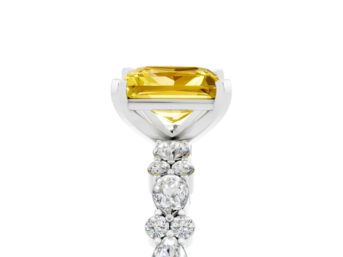 Princess Cut Yellow Sapphire Side Stone Solitaire Ring with Round and Four-Prong Setting Silver