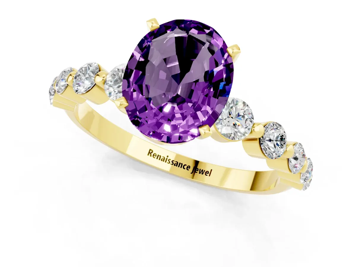 Oval Cut Solitaire Amethyst Ring with Pave Band and Four-Prong Setting Yellow gold