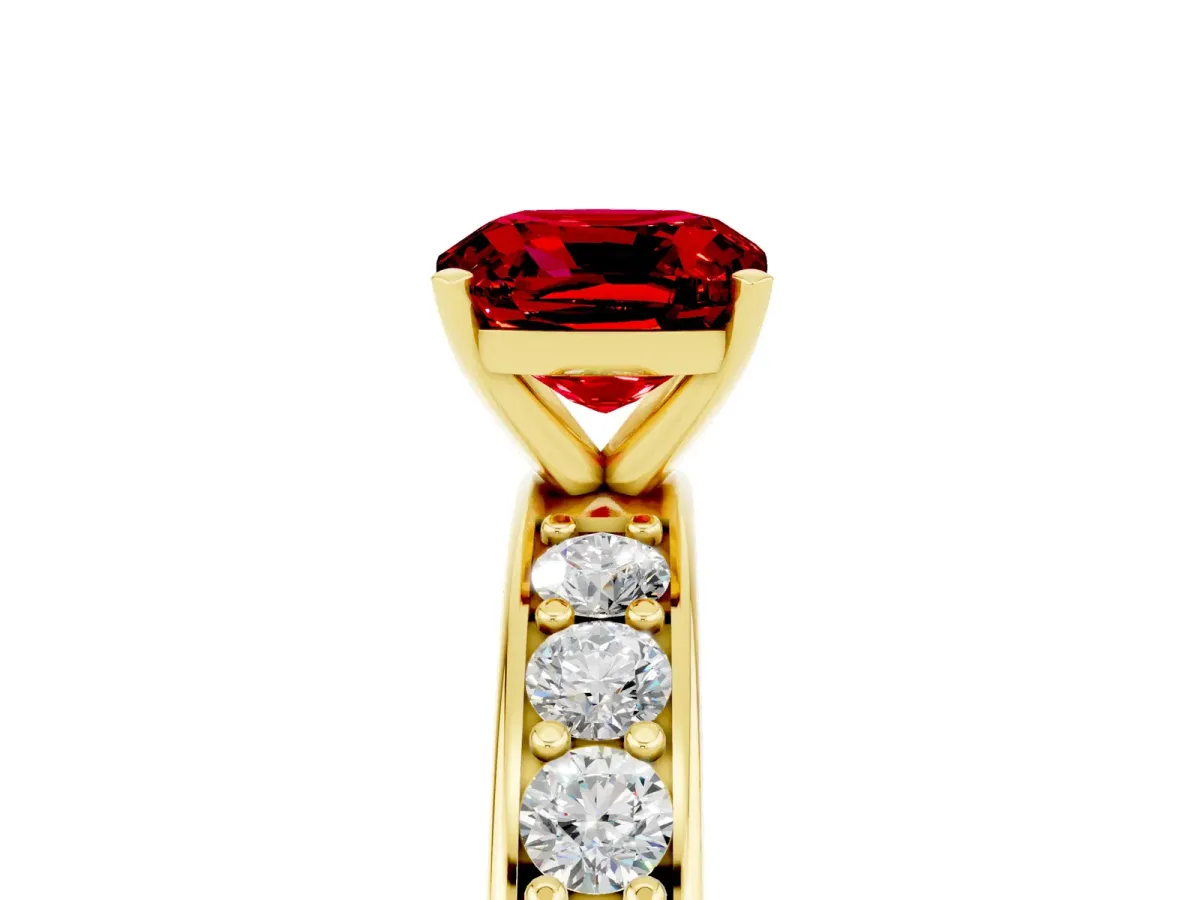 Cushion Cut Ruby Engagement Ring with Channel Set Round Band and Prong Setting Yellow gold