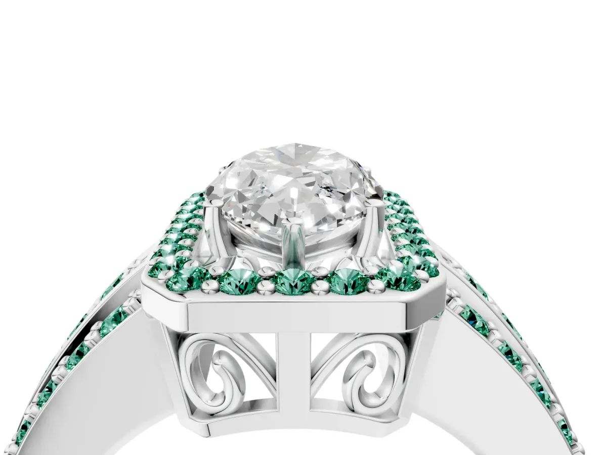 Marquise Cut Halo Diamond Ring with Round Green Sapphire Split Shank and Prong Setting Silver