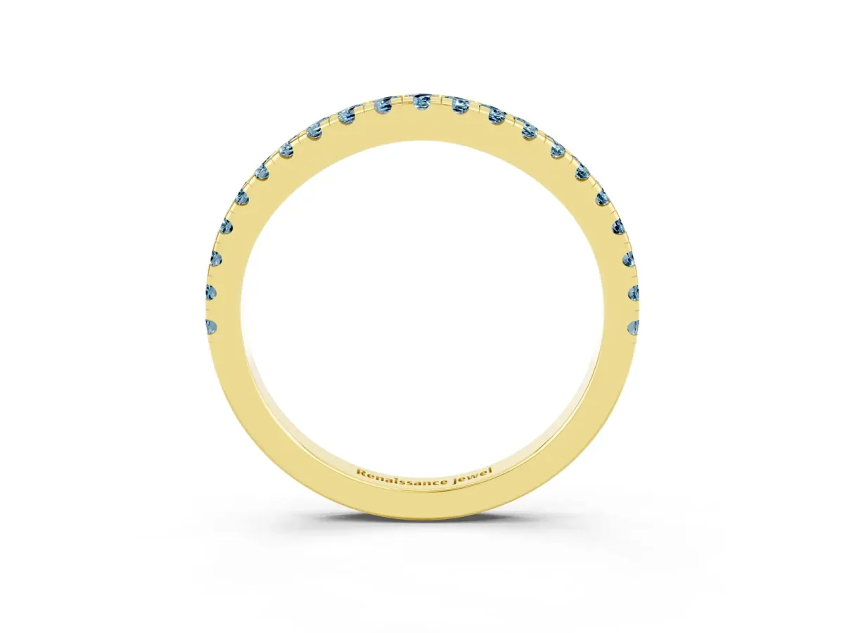 Round Aquamarine Pavé Half Eternity Band with Shared Prong Setting Yellow gold