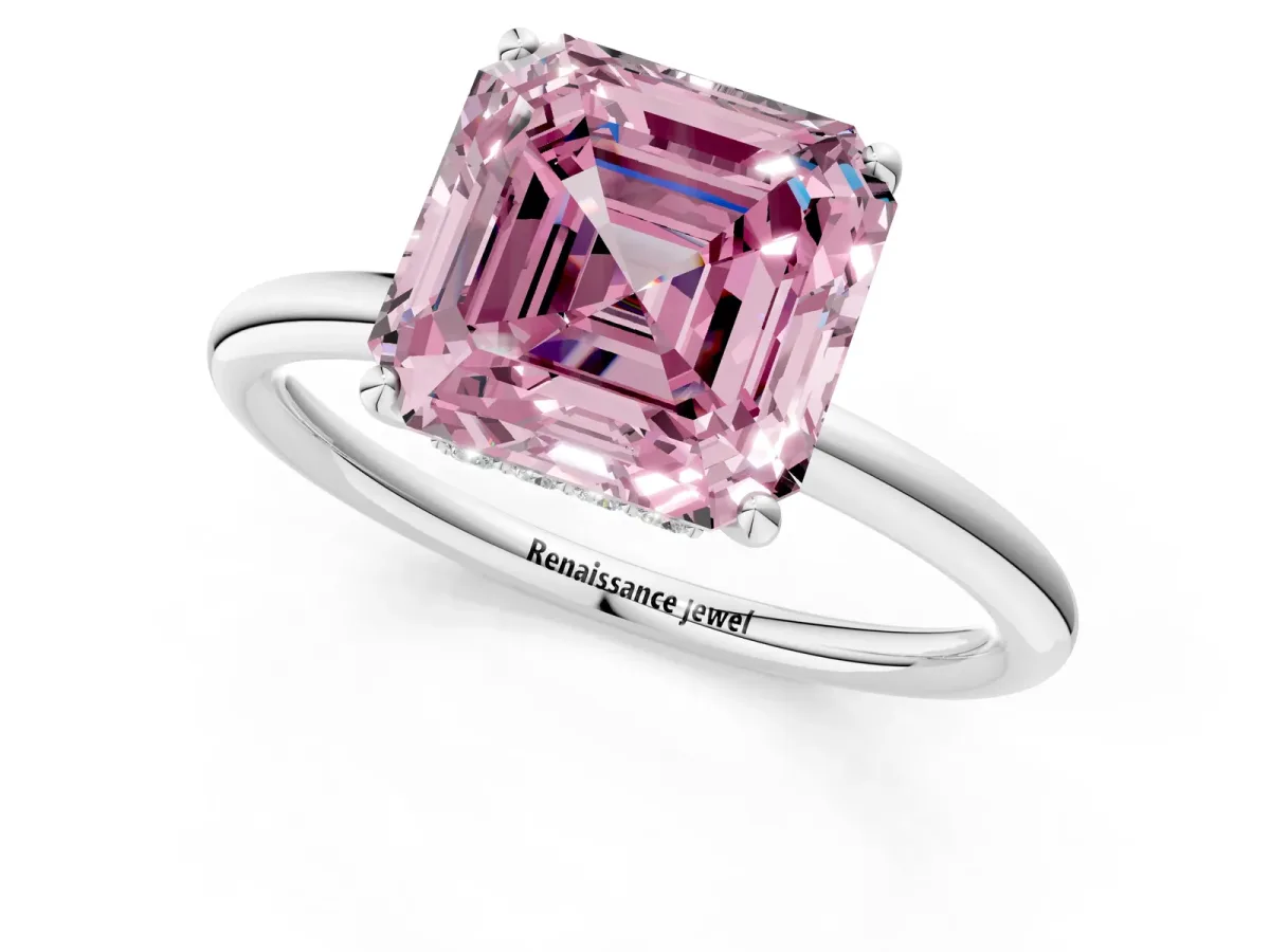 Fancy Pink Asscher Cut Solitaire Diamond Ring with a Classic Band and Four-Prong Setting Platinum