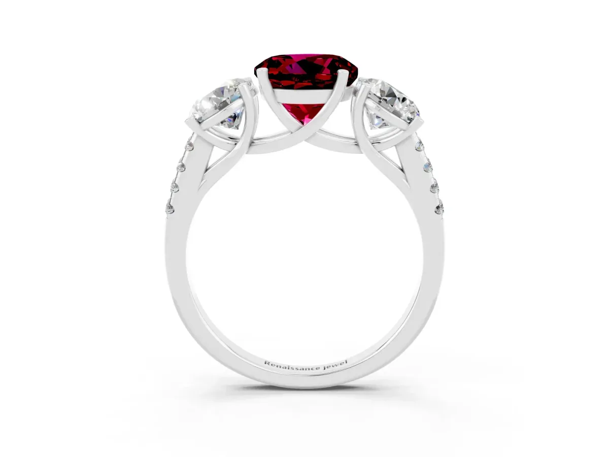 Three-Stone Round Cut Garnet Ring with Round Pavé Band and Prong Setting Platinum