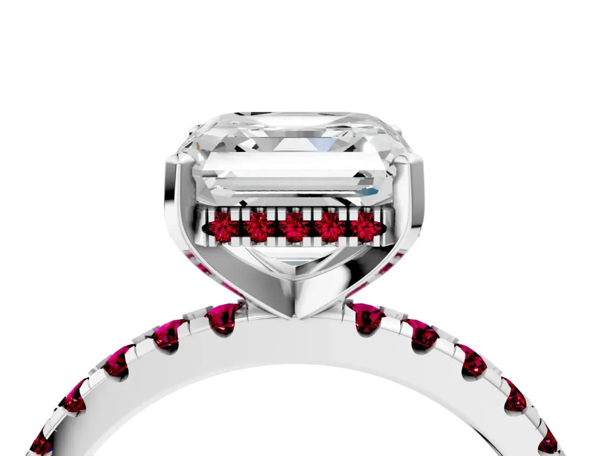 Asscher Cut Diamond Solitaire Ring with Round Garnet Pavé Band and Four-Prong Setting Silver