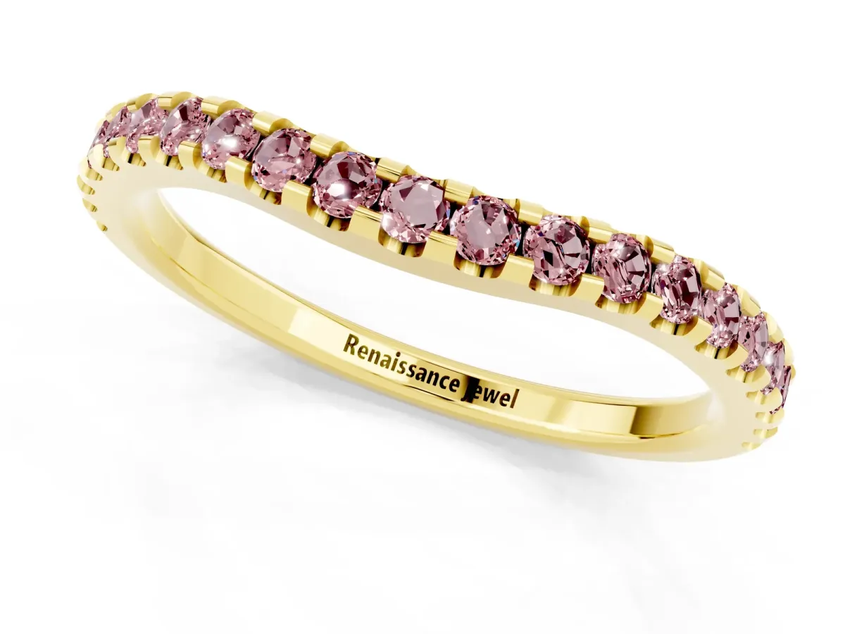 Round Morganite Pavé Curved Wedding Band Yellow gold