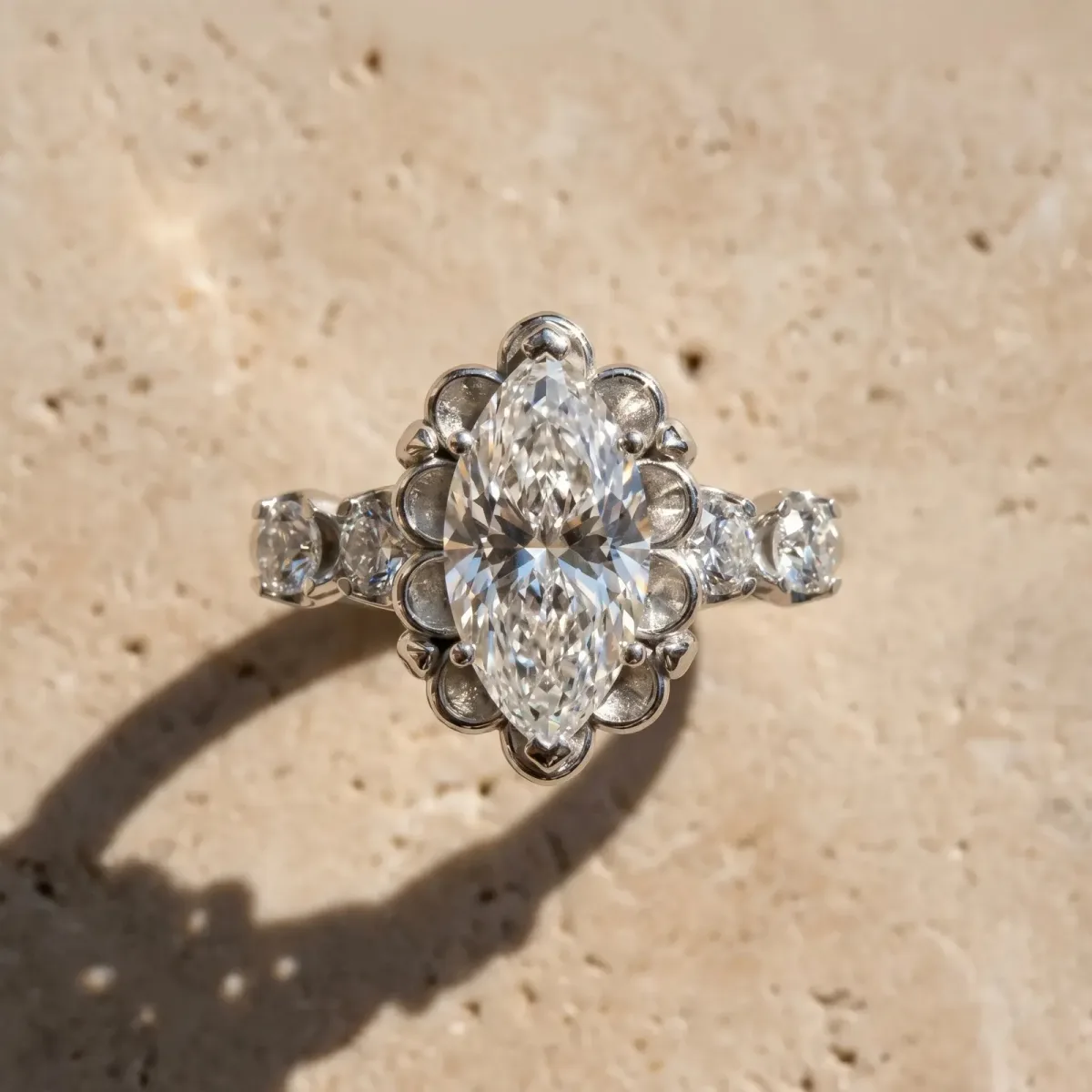 Marquise Cut Cut Diamond Floral Halo Engagement Ring with Shared Prong Setting Silver