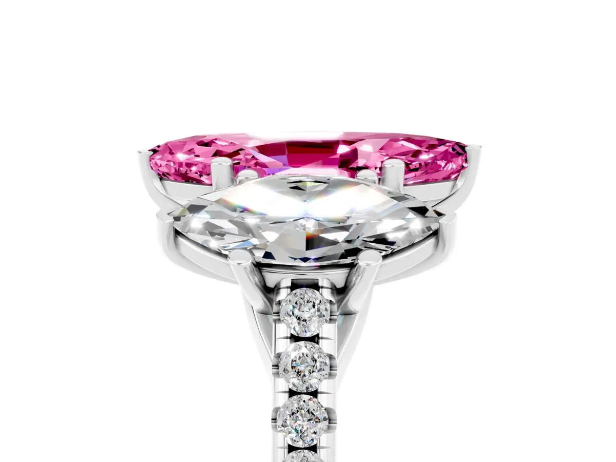 Three-Stone Marquise Cut Pink Sapphire Ring with Round Pavé Band and Prong Setting Silver