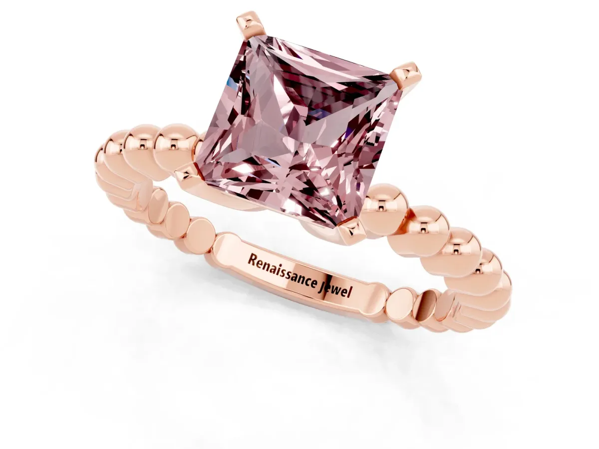 Princess Cut Morganite Solitaire Ring with Beaded Band and Prong Setting Rose gold