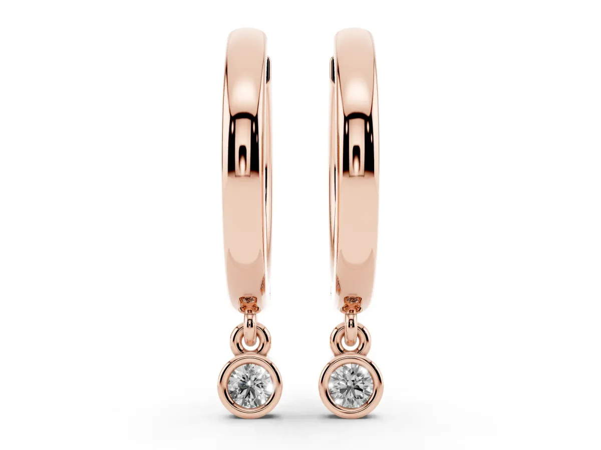 Round Diamond Bezel Drop Huggie Hoop Earrings Rose gold