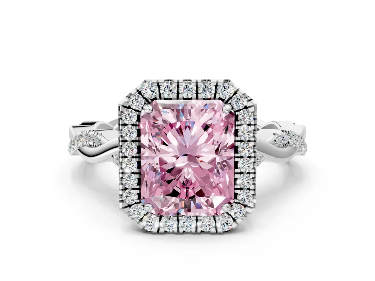 Fancy Pink Radiant Cut Halo Twist Band Solitaire Ring Platinum