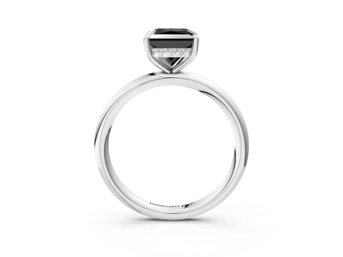 Fancy Black Princess Cut Diamond Solitaire Ring with Thin Band and Four-Prong Setting White gold