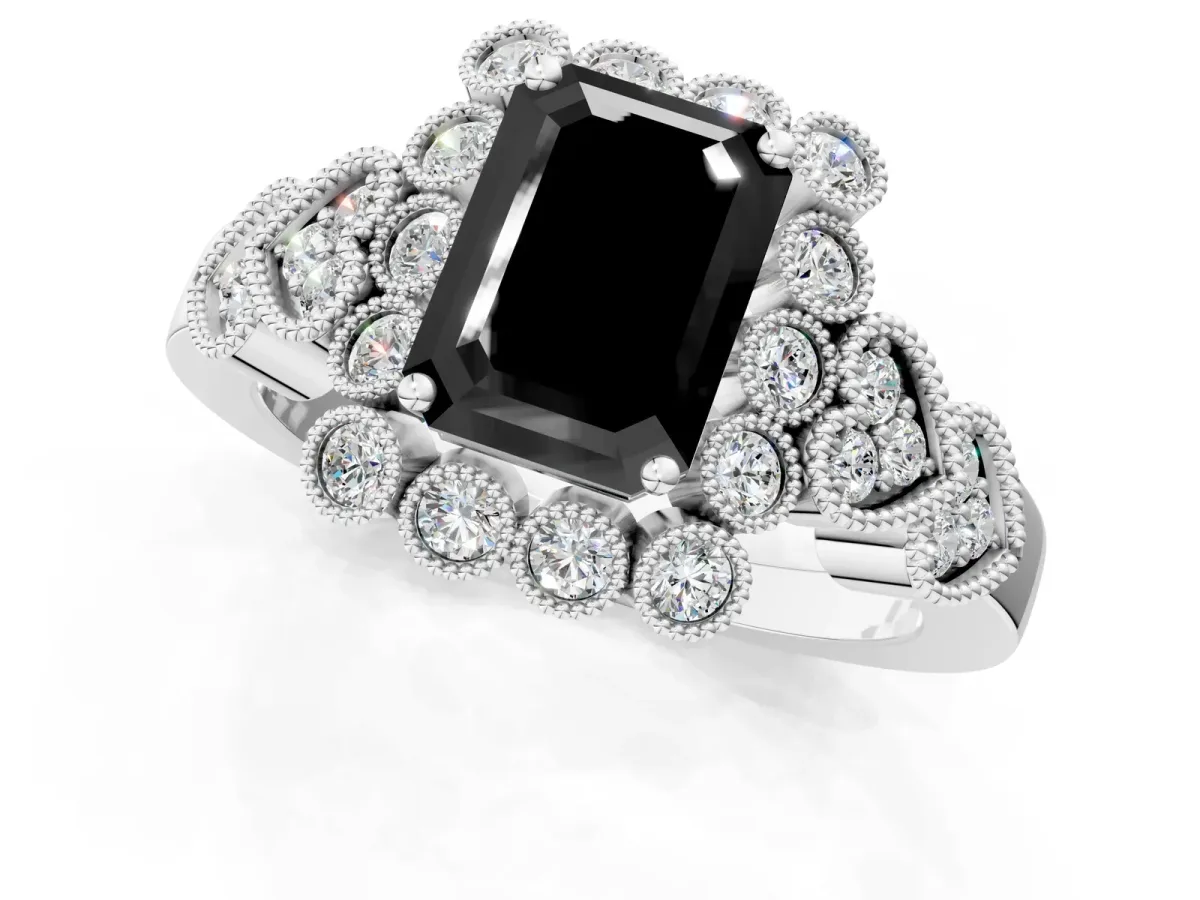 Fancy Black Emerald Cut Brilliant Milgrain Pave Heart Band Solitaire Ring Platinum