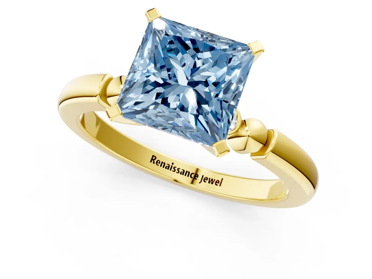Fancy Blue Princess Cut Solitaire Beaded Band with Four-Prong Setting Yellow gold