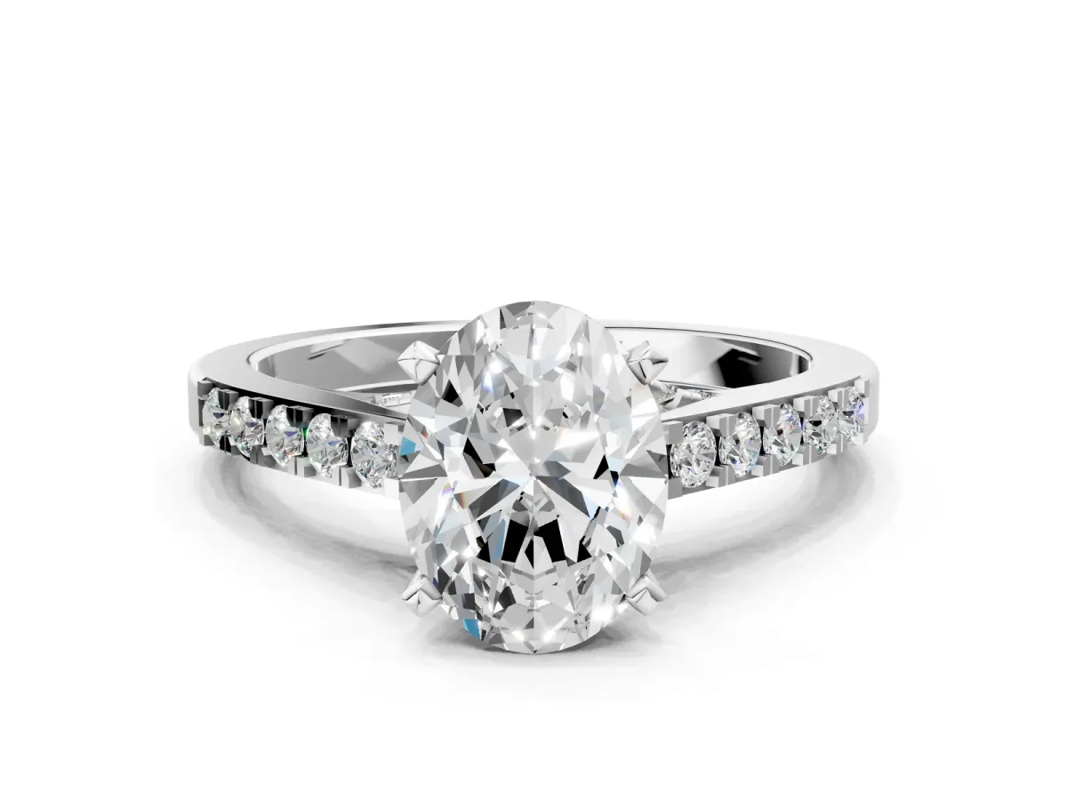 Oval Cut Diamond Solitaire Ring with Crossover Gallery and Round Pavé Band Silver