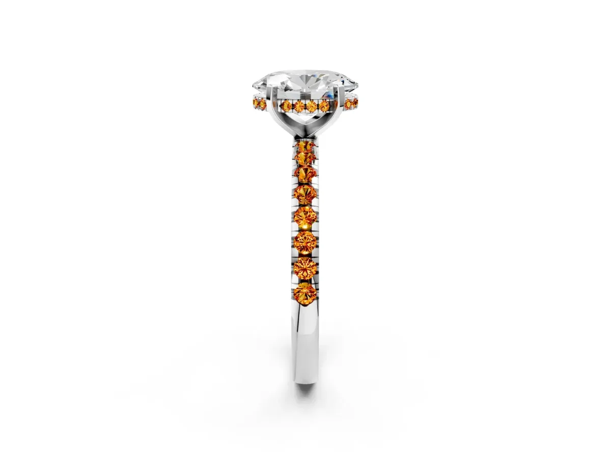 Oval Cut Diamond Solitaire Ring with Round Citrine Pavé Band and Four-Prong Setting Silver