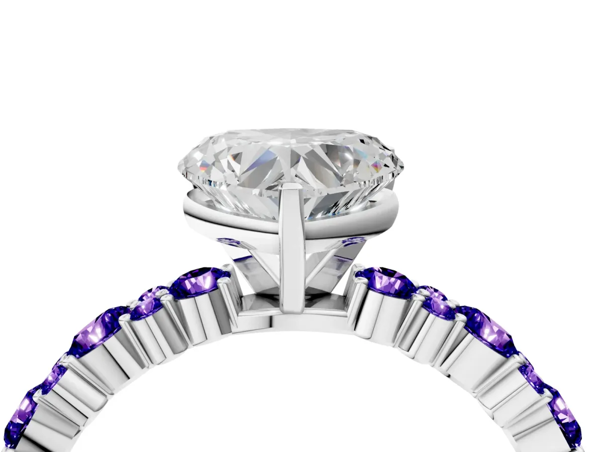 Heart Cut Diamond Side Stone Solitaire Ring with Round Tanzanite and Four-Prong Setting Platinum