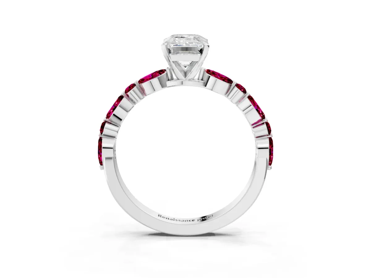 Emerald Cut Diamond Ring with Marquise and Round Garnet Side Stones and Four-Prong Setting Silver