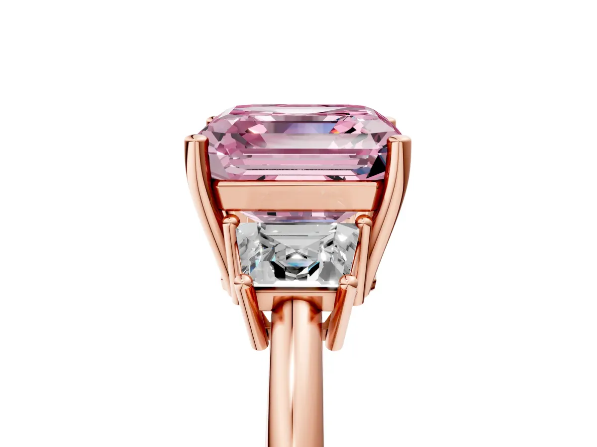 Fancy Pink Asscher Cut Diamond Three-Stone Ring with Trapezoid Side Stones and Prong Setting Rose gold