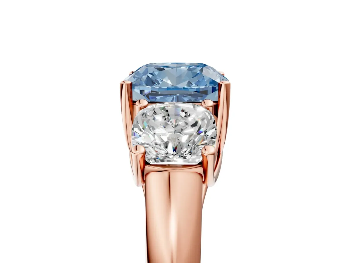Fancy Blue Three-Stone Cushion Cut Diamond Engagement Ring with Prong Setting Rose gold