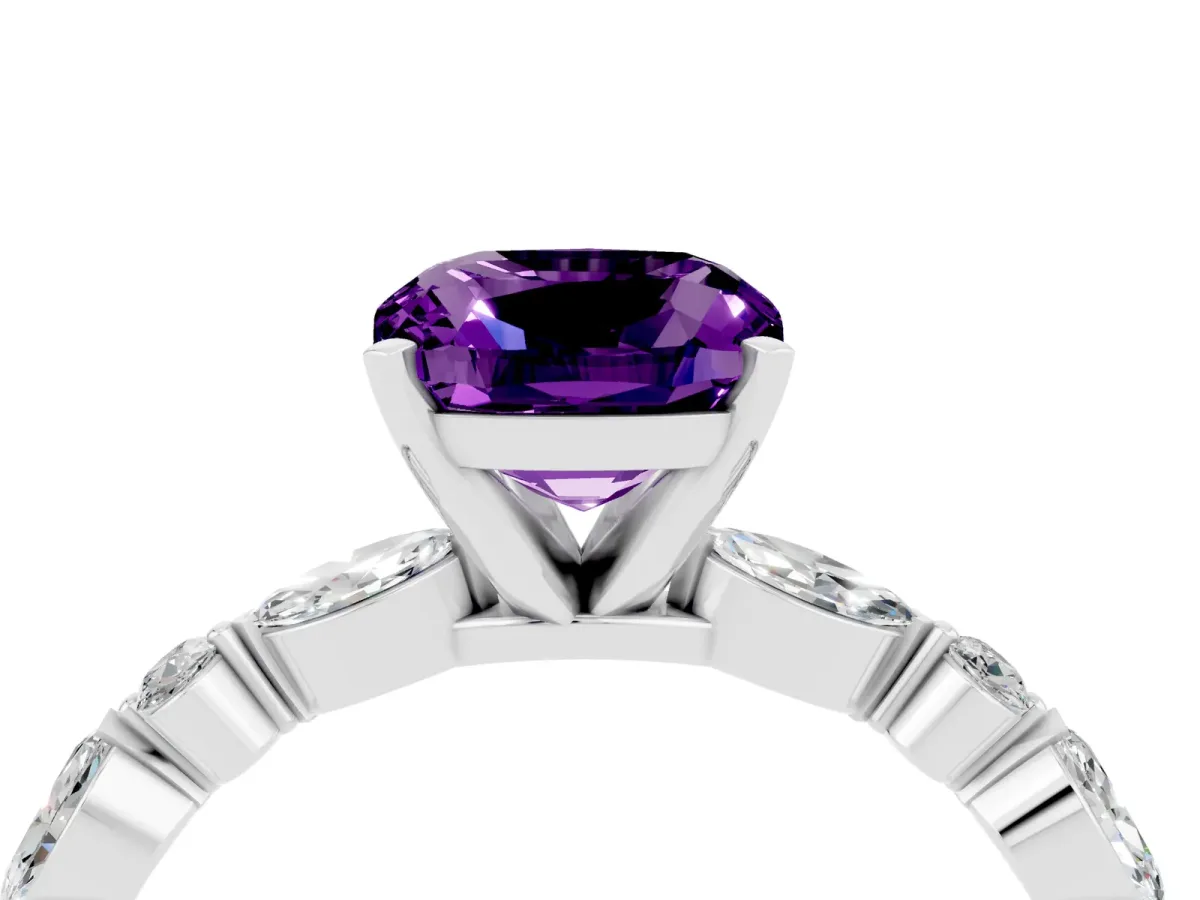 Cushion Cut Amethyst Ring with Marquise and Round Side Stones and Four-Prong Setting Silver
