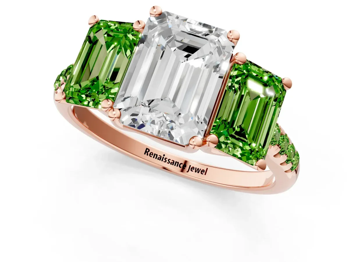 Three-Stone Emerald Cut Diamond Ring with Round Peridot Pavé Band and Prong Setting Rose gold