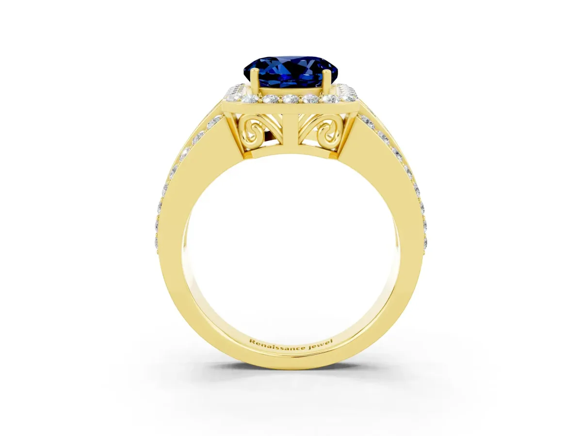 Round Cut Halo Blue Sapphire Ring with Round Split Shank and Prong Setting Yellow gold