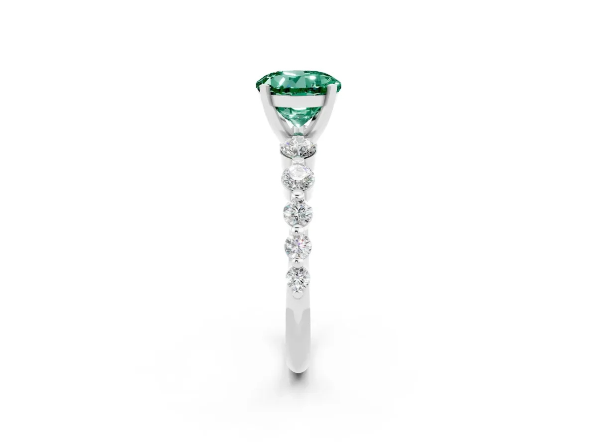 Round Cut Solitaire Green Sapphire Ring with Pave Band and Four-Prong Setting Silver