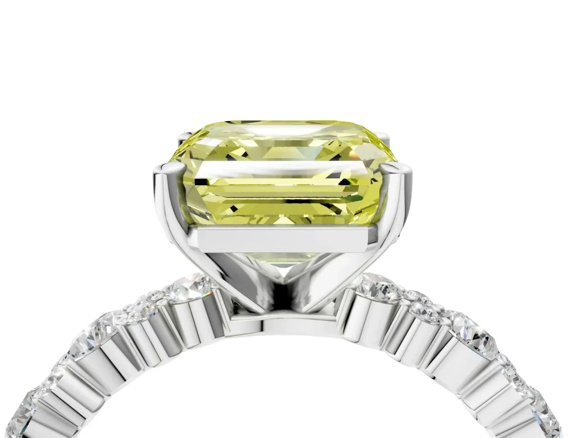 Fancy Yellow Asscher Cut Diamond Side Stone Solitaire Ring with Round and Four-Prong Setting Platinum