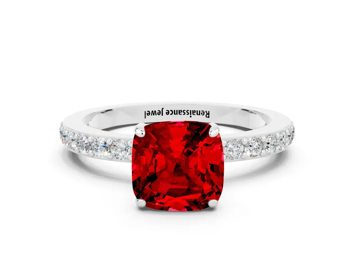 Cushion Cut Ruby Solitaire Engagement Ring with Pavé Band and Four-Prong Setting Silver