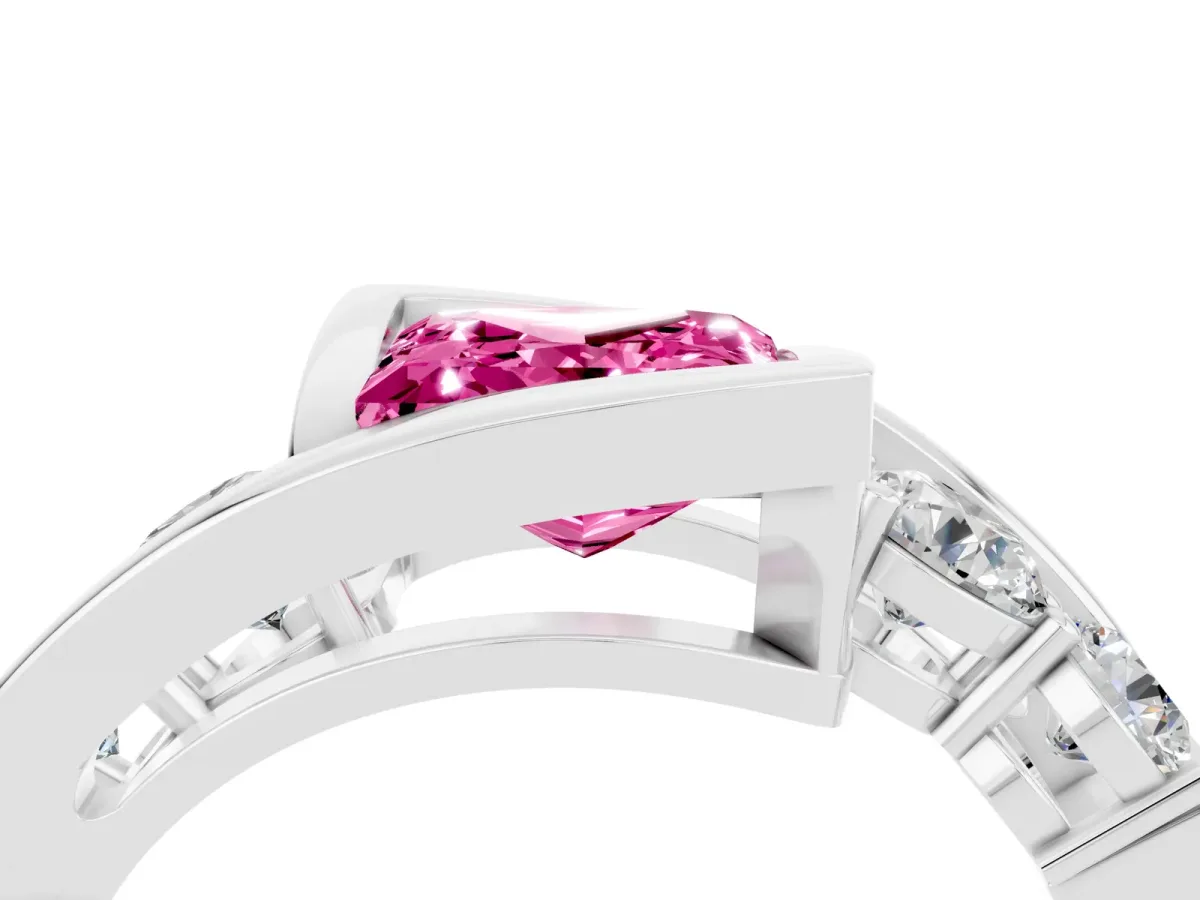 Bezel Set Princess Cut Pink Sapphire Bypass Ring with Round Accents Silver