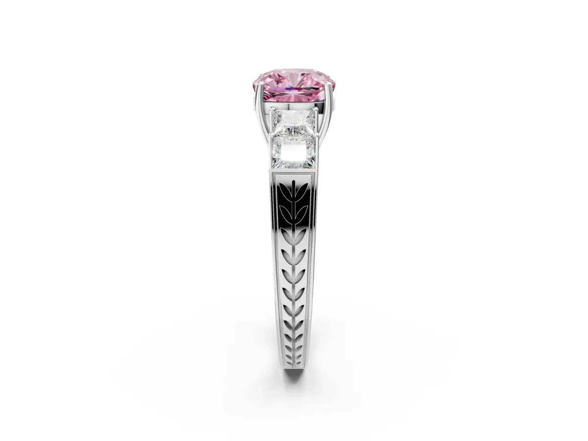 Fancy Pink Cushion Cut Solitaire Princess Side Stone Engraved Band Prong Setting Ring Platinum