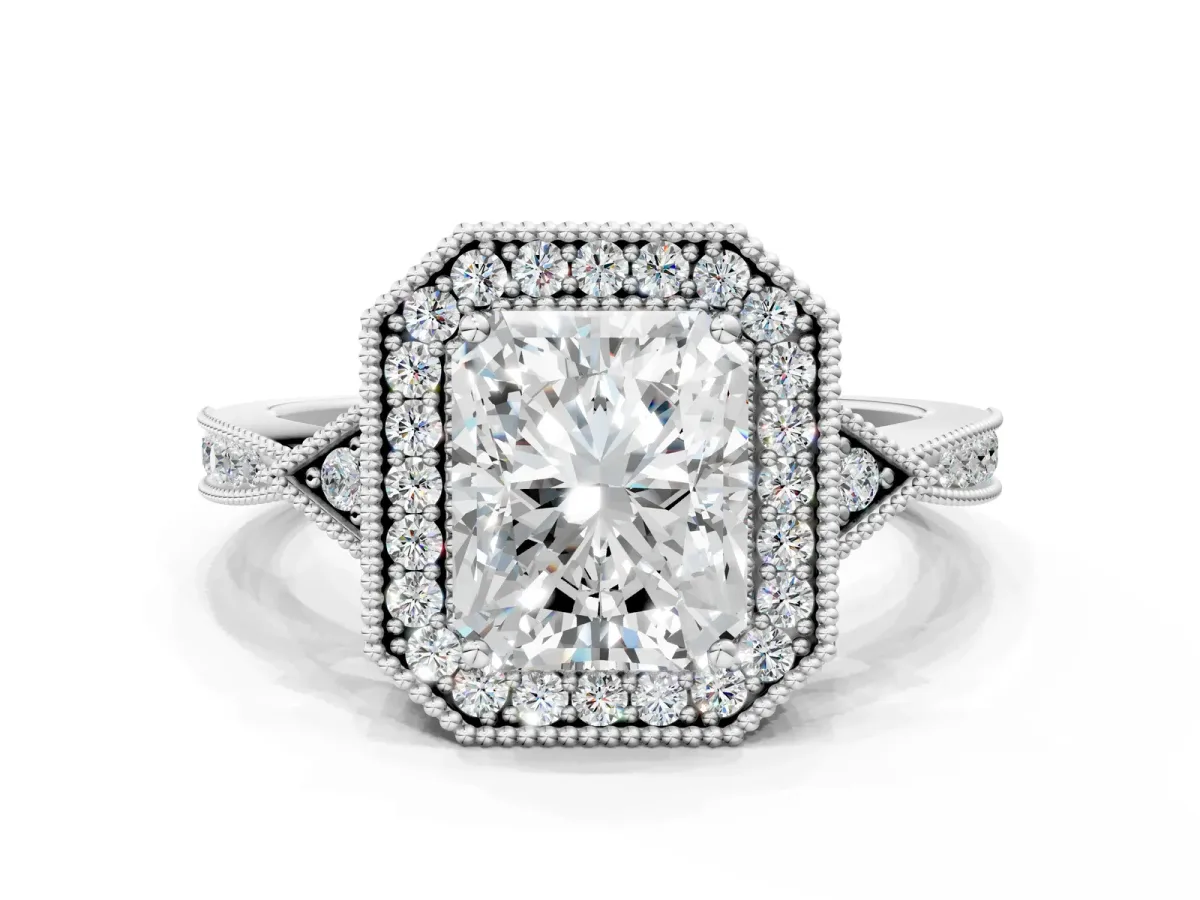 Radiant Cut Halo Round Diamond Milgrain Pave Engagement Ring Platinum