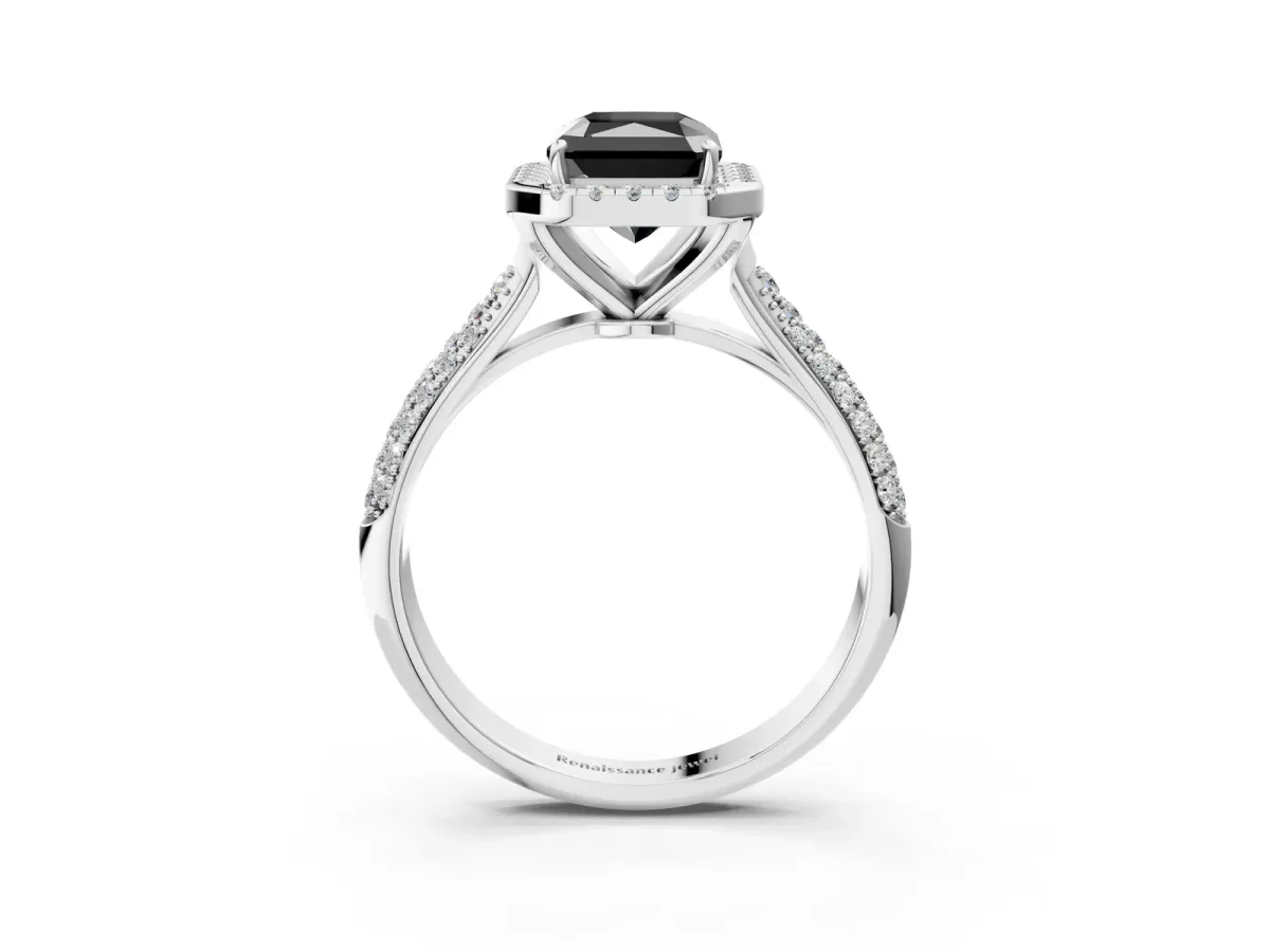 Fancy Black Radiant Cut Halo Diamond Ring with Pavé Band Platinum