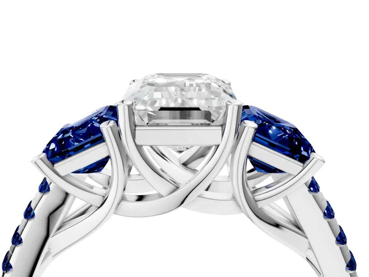 Three-Stone Emerald Cut Diamond Ring with Round Blue Sapphire Pavé Band and Prong Setting Silver