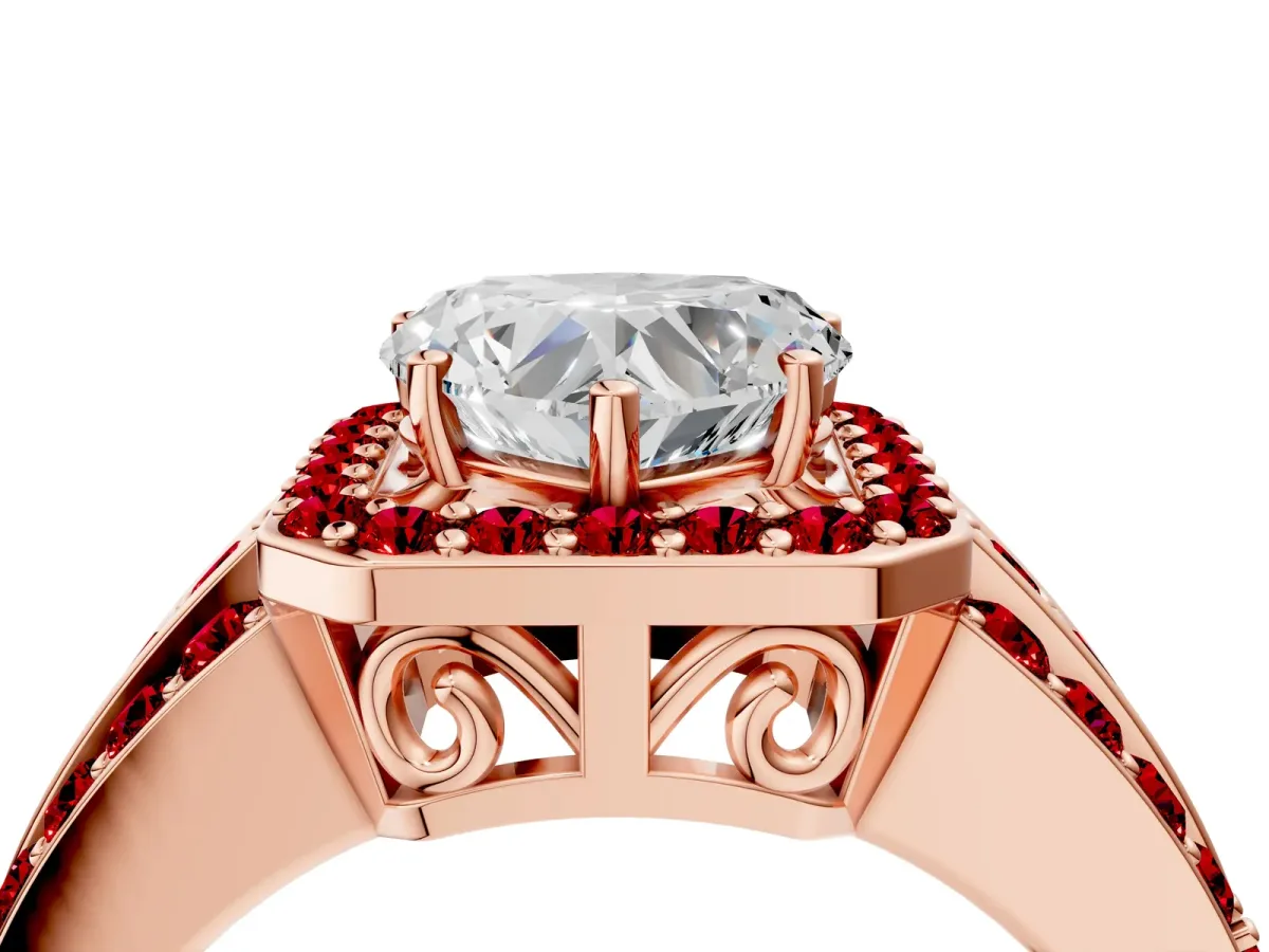 Heart Cut Halo Diamond Ring with Round Ruby Split Shank and Prong Setting Rose gold