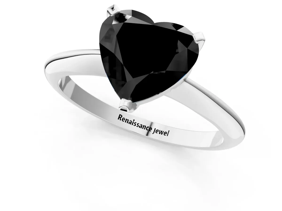 Fancy Black Heart Cut Diamond Solitaire Engagement Ring with Classic Band and Four-Prong Setting Silver